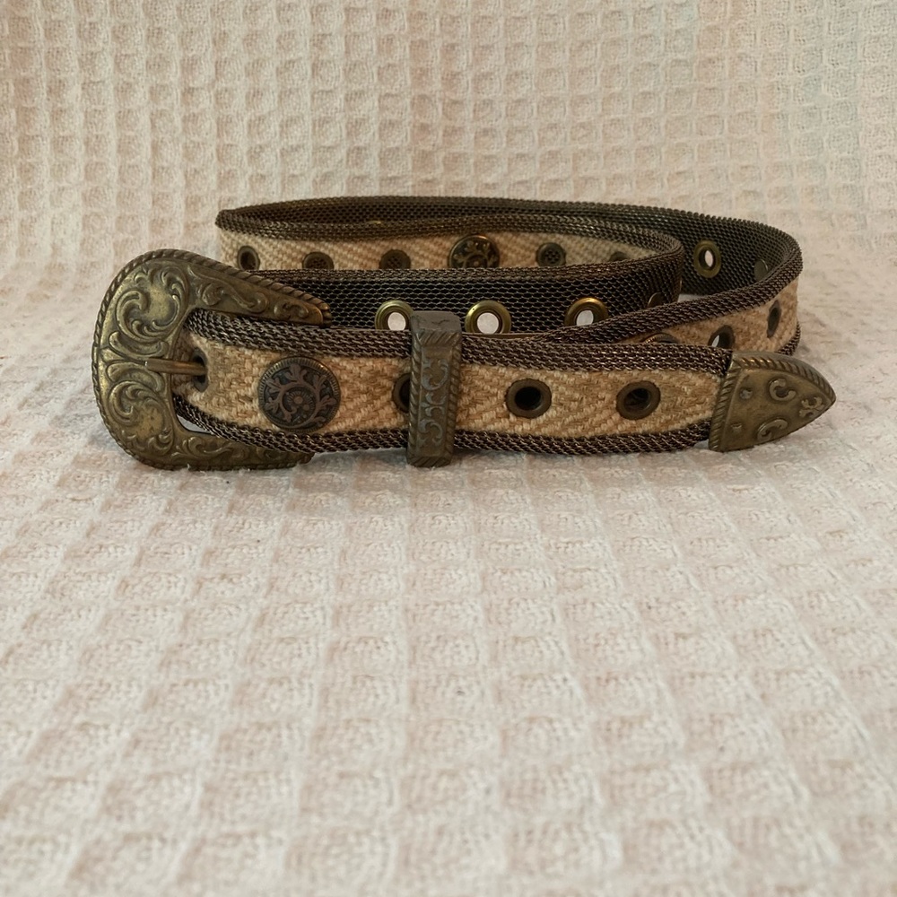 Sand Castle Vintage Metal, Mesh, Fabric And Leather Belt